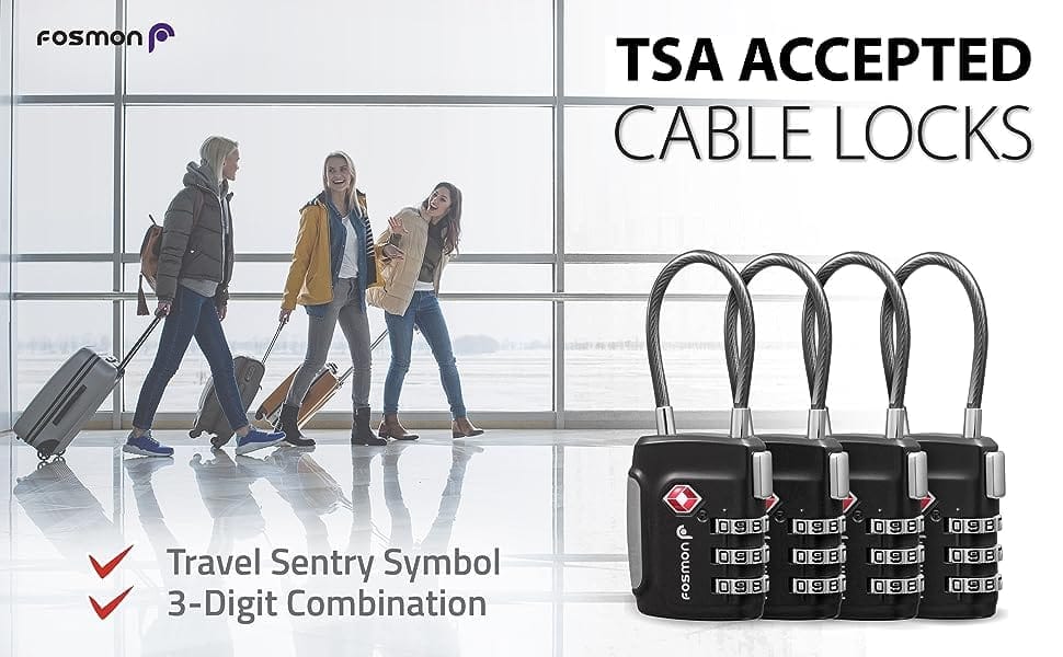 Fosmon TSA Accepted Cable Luggage Locks, (4 Pack) Re-settable Easy - Travel With Glen