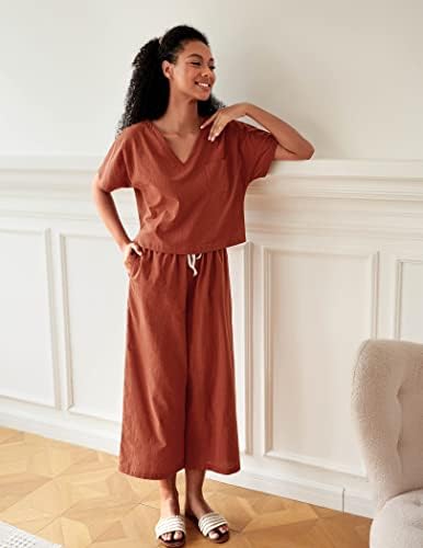Ekouaer Women's 100% Cotton Linen Lounge Set Short Sleeve Top - Travel With Glen