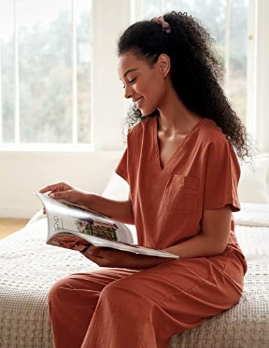 Ekouaer Women's 100% Cotton Linen Lounge Set Short Sleeve Top - Travel With Glen