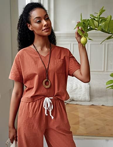 Ekouaer Women's 100% Cotton Linen Lounge Set Short Sleeve Top - Travel With Glen