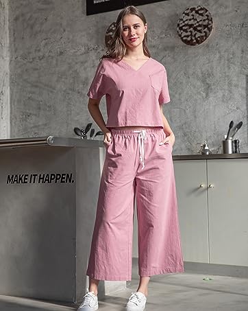 Ekouaer Women's 100% Cotton Linen Lounge Set Short Sleeve Top - Travel With Glen