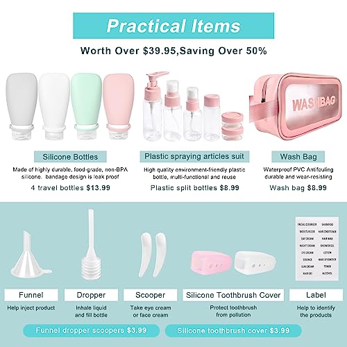 18 Pcs Travel Bottles for Toiletries Gym TSA Approved, Leak - Travel With Glen
