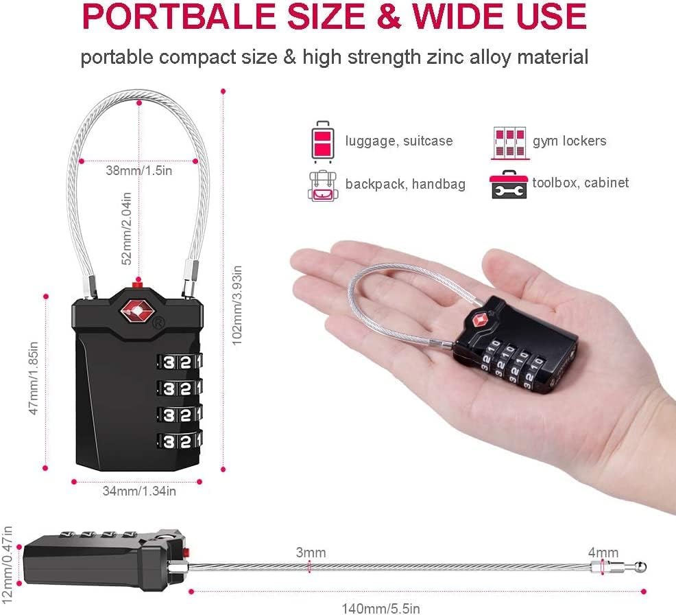ZHEGE Luggage Locks TSA Approved Cable Lock Flexible, 4 Digit - Travel With Glen