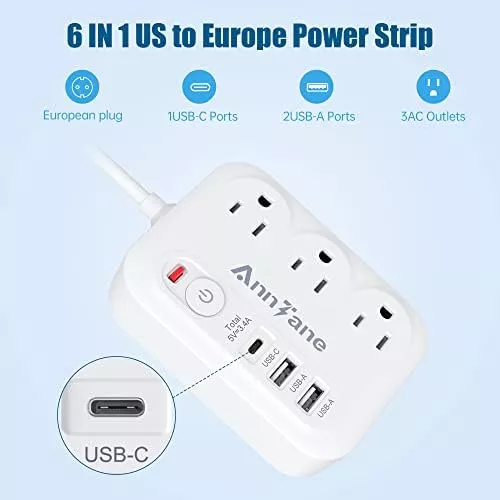 European Travel Plug Adapter with USB C, 4FT Extension Cord, - Travel With Glen