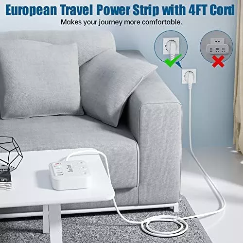 European Travel Plug Adapter with USB C, 4FT Extension Cord, - Travel With Glen