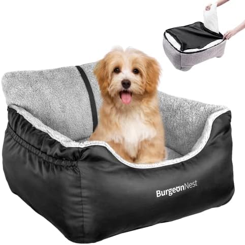 BurgeonNest Dog Car Seat for Small Dogs, Fully Detachable and Washable Dog Carseats Small Under 25, Soft Dog Booster Seats with Storage Pockets and Clip-On Leash Portable Dog Car Travel Carrier Bed