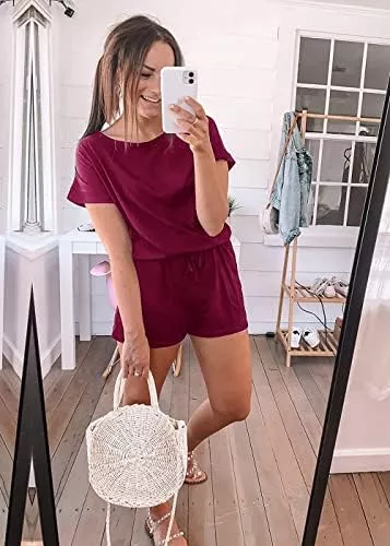 PRETTYGARDEN Women's Summer Casual Off Shoulder Rompers Short Sleeve Loose - Travel With Glen