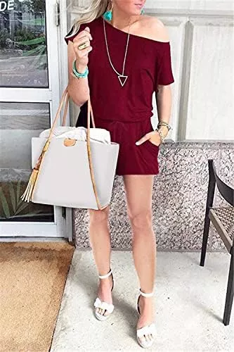 PRETTYGARDEN Women's Summer Casual Off Shoulder Rompers Short Sleeve Loose - Travel With Glen