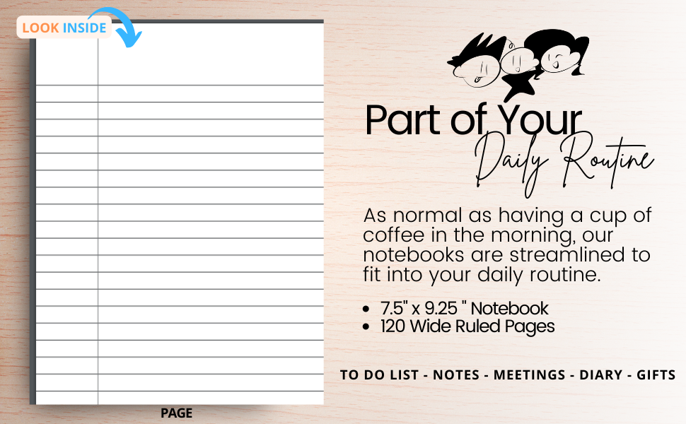 Wide ruled notebook for Kids, Teens and Adults 7.5 x 9.25 120 pages