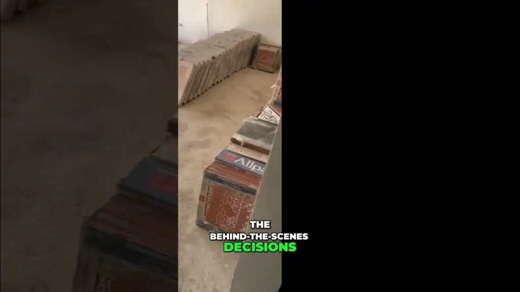 Rows of tile samples stacked along a concrete floor in a workshop; video title reads 'The Behind-the-Scenes Decisions'