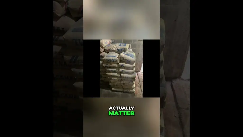 Stacks of cement bags piled in a storage area with a bold 'ACTUALLY MATTER' caption in green at the bottom. Implemented for emphasis on material quantity.
