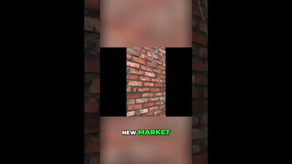 Vertical promo frame with a red brick wall visible between black bars; bottom text reads 'NEW MARKET' in bold green.