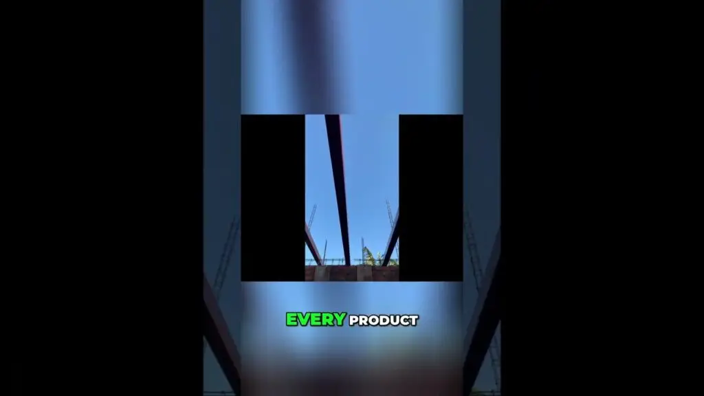 Vertical video frame showing blue sky and dark steel beams at a construction site, with a bold 'EVERY PRODUCT' banner at the bottom