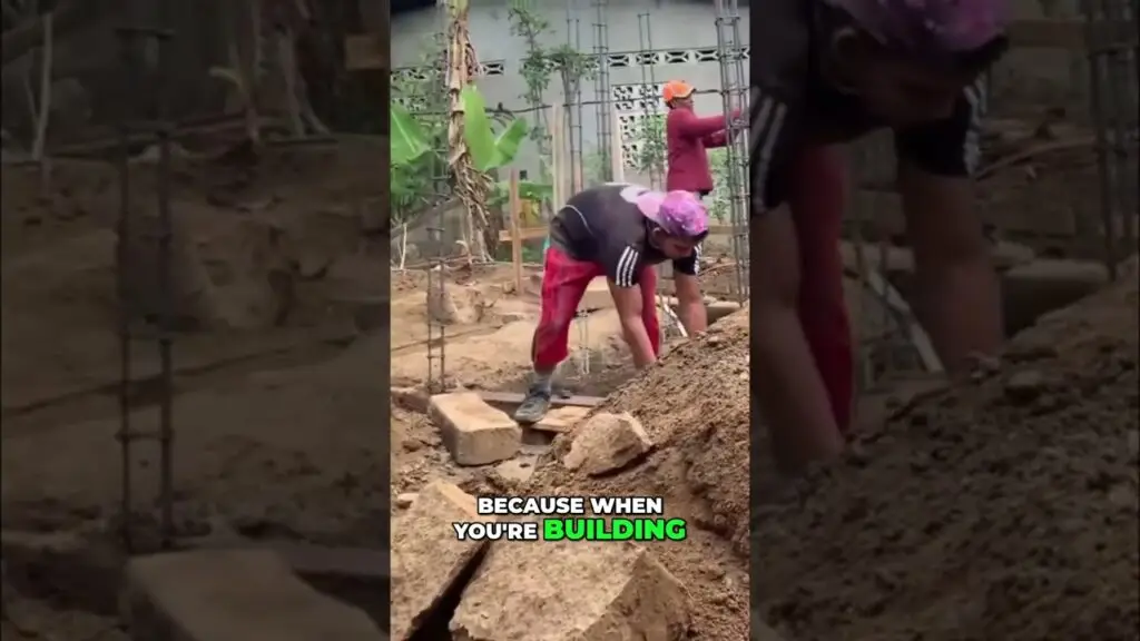 Worker on a construction site bends to move soil and bricks, wearing a pink headscarf and red pants; caption reads, 'Because when you're building'.