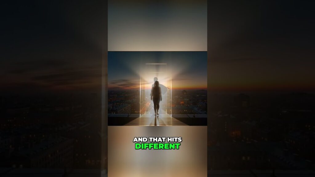 Silhouette of a person walking through a glowing doorway toward a city at sunset; caption reads 'AND THAT HITS DIFFERENT'.