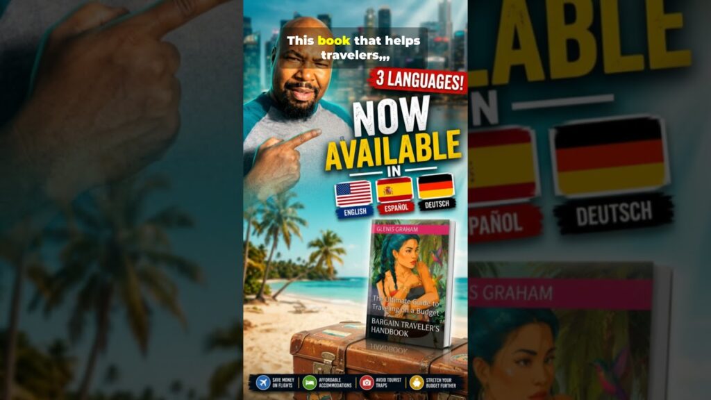 You Dont Need To Be Rich To Travel shorts travel travelwithglen - Travel With Glen Promotional travel-book cover on a tropical beach: ‘Now Available in English, Español, Deutsch’ with a man pointing at the text and a suitcase in the foreground.