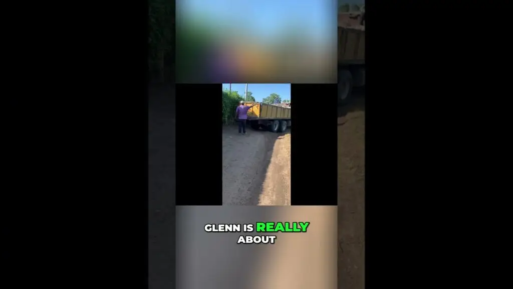 Man in a purple shirt stands next to a yellow dump truck on a gravel road; bold caption reads 'GLENN IS REALLY ABOUT' at bottom (meme image).