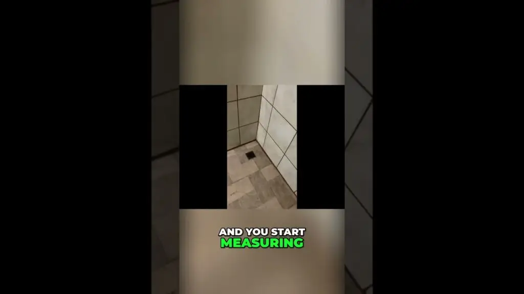 Shower corner with beige tiles and a square drain; white and bright-green caption reads 'AND YOU START MEASURING'.