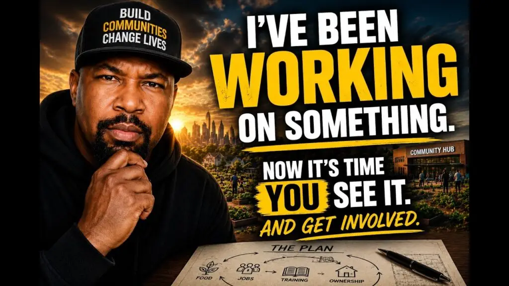 Man in a black hoodie and cap gazes at the camera beside a city skyline with bold message about a new community plan and involvement in the foreground.