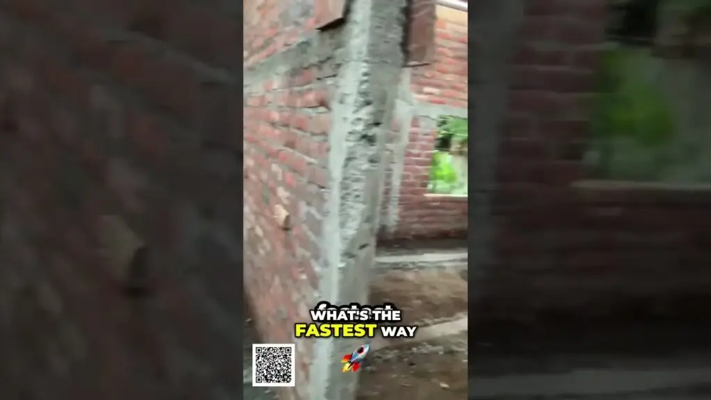 Teaser frame with a brick wall, bold text 'WHAT'S THE FASTEST WAY' and a QR code; construction-site background.