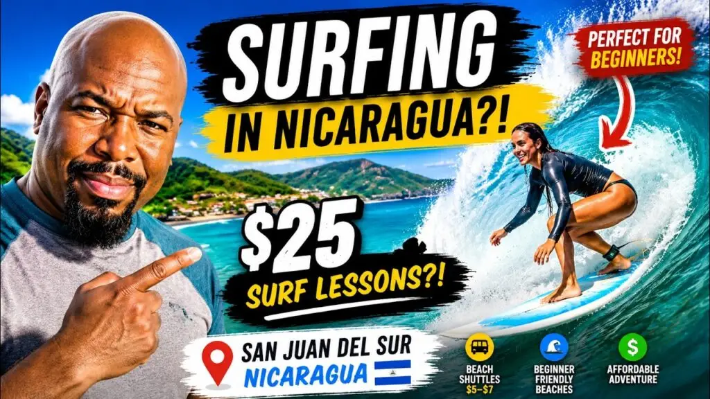 Bright thumbnail celebrating surfing in Nicaragua: man pointing to bold text '$25 Surf Lessons?' with a surfer riding a wave and a beach town in the background.