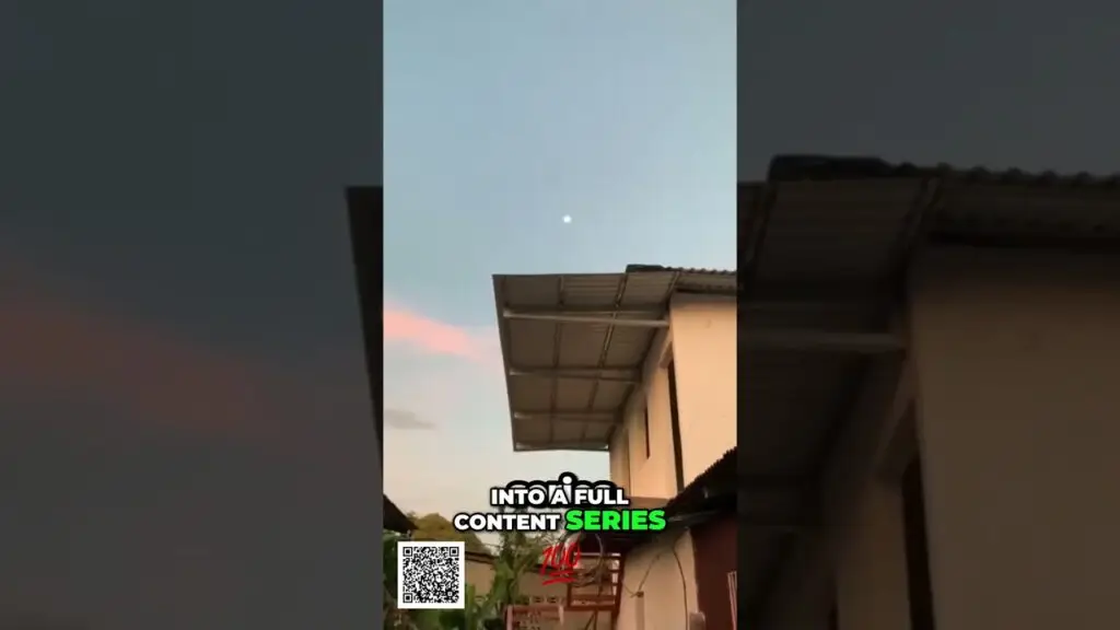 Small bright white dot in a blue evening sky above a rooftop, with a house below and a 'Into a Full Content Series' graphic at the bottom.