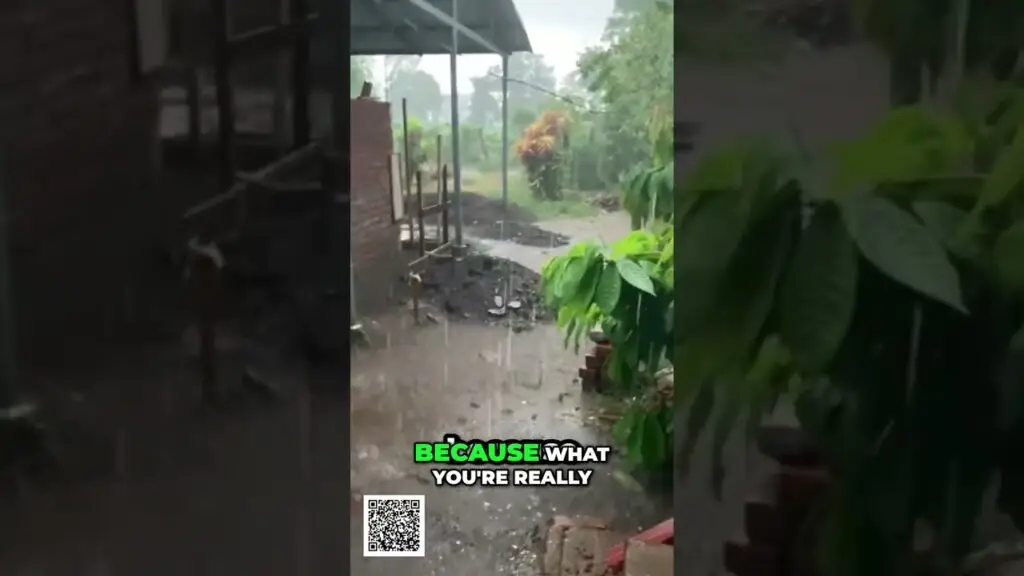 Build Your System Create Income Streams Piece by Piece shorts - Travel With Glen Rainy yard scene with puddles, plants, and a brick wall; bold caption 'BECAUSE WHAT YOU'RE REALLY' near the bottom and a QR code in the corner.