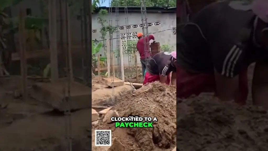 Workers at a construction site digging, with scaffolding and a dirt pile; text on screen reads 'CLOCK TIED TO A PAYCHECK' and a QR code appears bottom-left.