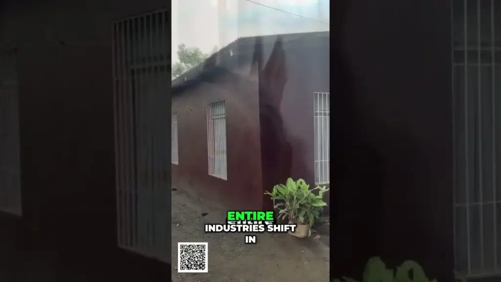 The Shifting Deal Stability Isnt Guaranteed Anymore shorts - Travel With Glen Frame of a brown building with barred windows, a potted plant, bold green/white text 'ENTIRE INDUSTRIES SHIFT IN', and a QR code at the bottom-left.