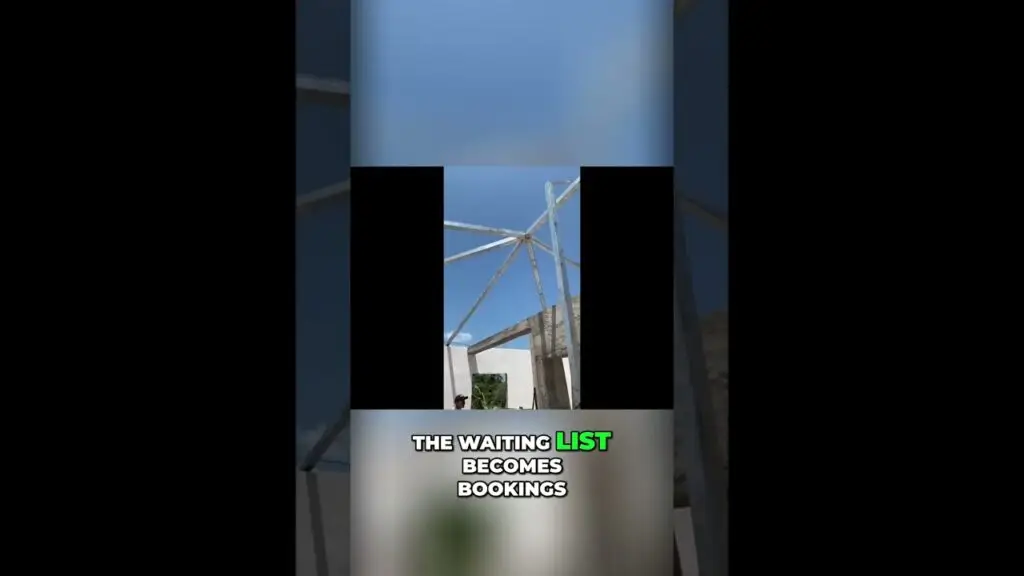 Video thumbnail showing a skeletal construction frame against a blue sky with bold text reading 'THE WAITING LIST BECOMES BOOKINGS'.