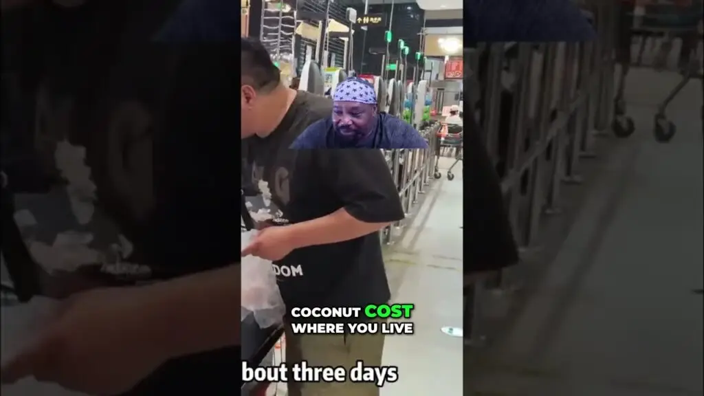 Shocking China Food Prices for 3 Days shorts - Travel With Glen Man in a grocery store aisle inspecting items, with bold caption 'COCONUT COST WHERE YOU LIVE' at the bottom of the frame.