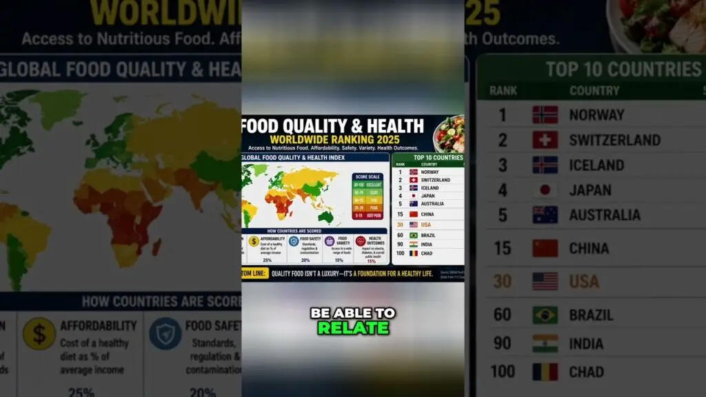 Travelers Reality Food Access Global Costs Revealed shorts - Travel With Glen Infographic collage about global food quality and health ranking, featuring a world map, a top-10 countries list, and the caption 'Be able to relate'.