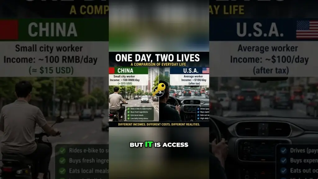 Poster titled One Day, Two Lives comparing everyday life in China and the U.S.A., with flags and city driving scenes (center panel).
