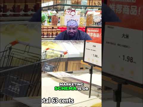 Collage-style image: a man with a bandana in a grocery store, a shopping cart in the foreground, price signs showing 1.98 and 'Total 63 cents', with meme text 'MARKETING SCHEMA IS OR'.