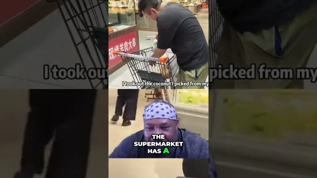 Collage of a man in a supermarket pushing a shopping cart with meme captions overlaid on two frames.