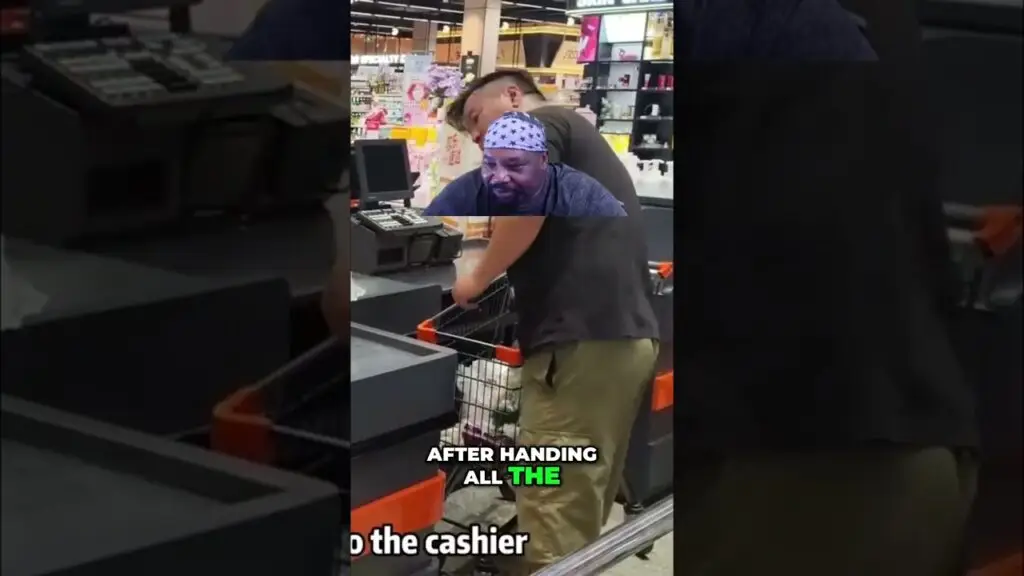 Man wearing a bandana pushes a shopping cart toward the checkout in a supermarket.
