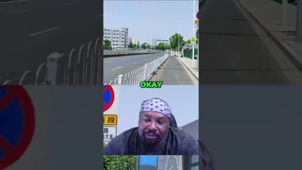 Collage showing a sunny city street with a sidewalk barrier and a green 'OKAY' caption, plus a man wearing a star-pattern bandana in another tile