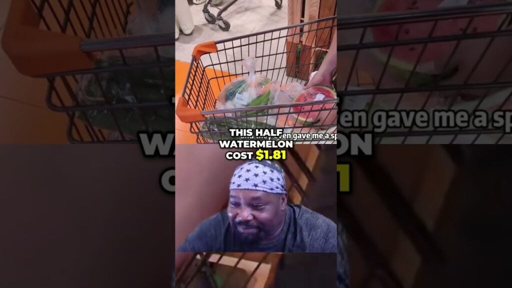 Shopping cart filled with vegetables and fruit; bold caption reads 'This half watermelon cost $1.81' with a man wearing a star-pattern bandana visible below.