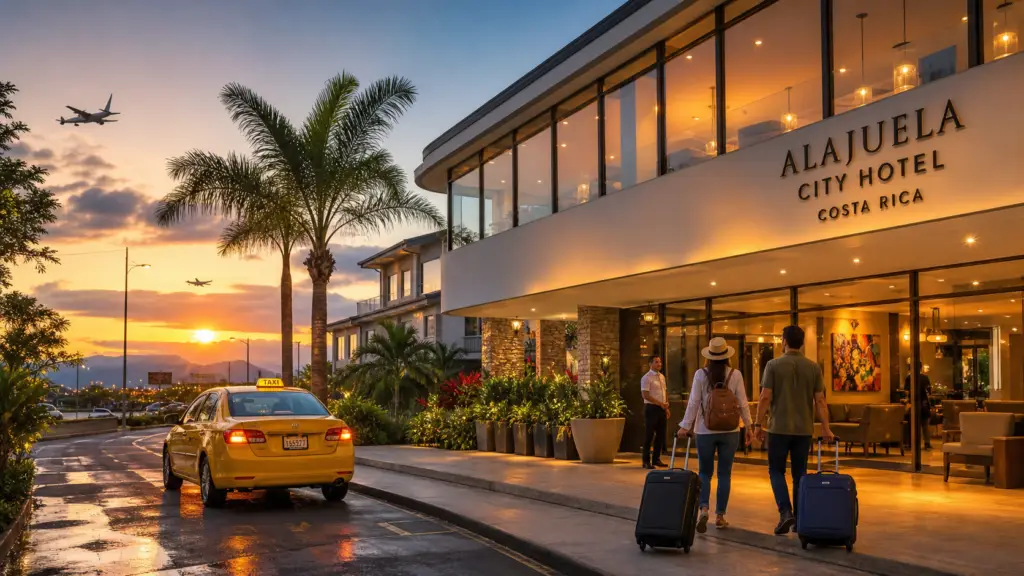 Sunset view of Alajuela City Hotel Costa Rica with a taxi and travelers carrying luggage at the entrance.