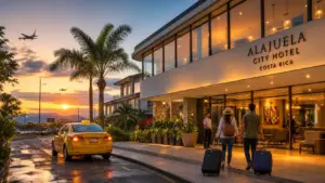 twg-blog-alajuela-hotels - Travel With Glen - Travel With Glen Sunset view of Alajuela City Hotel Costa Rica with a taxi and travelers carrying luggage at the entrance.