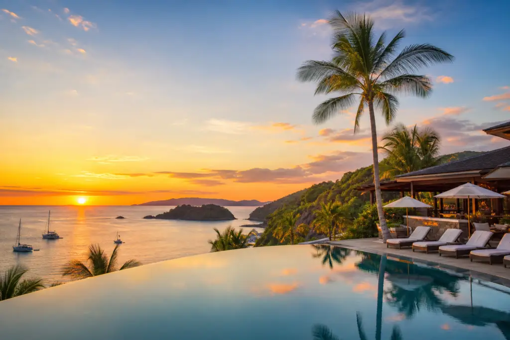 Sunset over the ocean at a tropical resort; infinity pool in the foreground with palm trees and lounge chairs nearby.