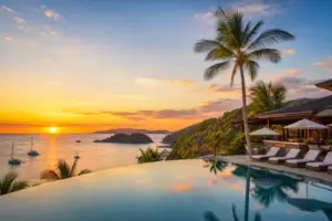 twg-blog-costa-ricaguanacastepapagayohotels-resorts - Travel With Glen - Travel With Glen Sunset over the ocean at a tropical resort; infinity pool in the foreground with palm trees and lounge chairs nearby.