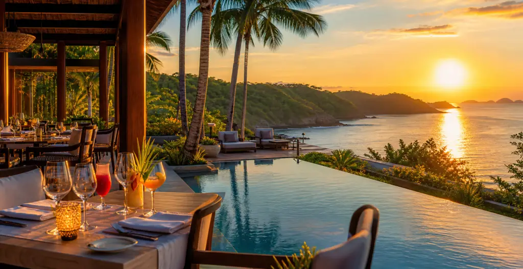 twg-blog-costa-ricaguanacastepapagayorestaurants-beach-clubs - Travel With Glen Sunset-lit seaside restaurant with an infinity pool, palm trees, and ocean view.