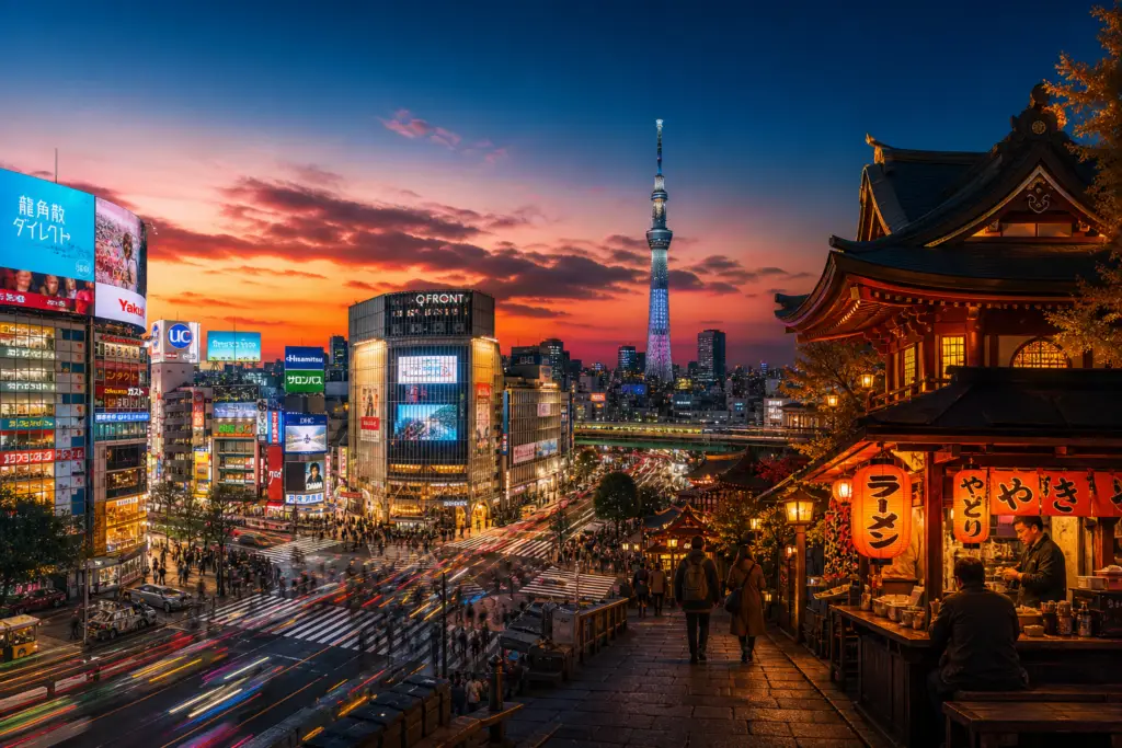 twg-blog-costa-ricakantotokyoactivities - Travel With Glen Best Activities in Tokyo, Japan, Sunset over Tokyo with a mix of neon-lit skyscrapers, a towering Skytree, and a traditional temple on the right by a bustling street market.