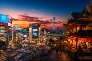 twg-blog-costa-ricakantotokyoactivities - Travel With Glen - Travel With Glen Best Activities in Tokyo, Japan, Sunset over Tokyo with a mix of neon-lit skyscrapers, a towering Skytree, and a traditional temple on the right by a bustling street market.