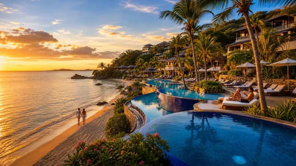 Sunset over a tropical resort with a winding blue pool, palm trees, and a beachside lounge area.