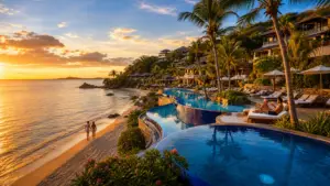 twg-blog-directoryfour-seasons-resort-costa-rica-at-peninsula-papagayo - Travel With Glen - Travel With Glen Sunset over a tropical resort with a winding blue pool, palm trees, and a beachside lounge area.