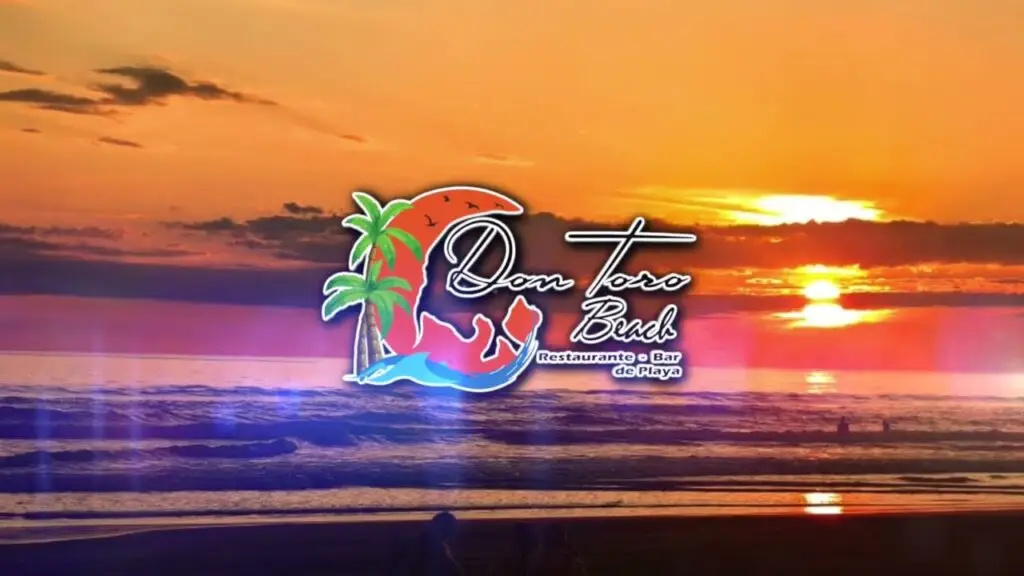 Logo for Don Torro Beach restaurant and bar over a sunset beach scene with palm trees and waves.