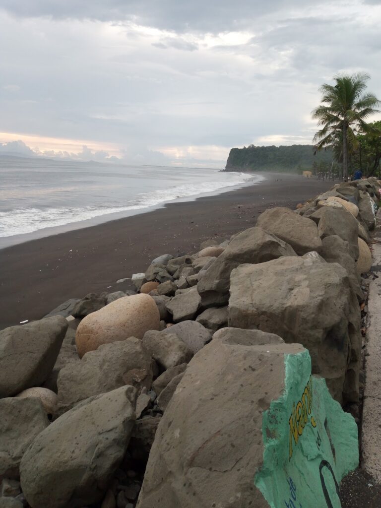 Rocky seawall along a dark sandy beach with calm waves and palm trees lining the shore under a cloudy sky.
