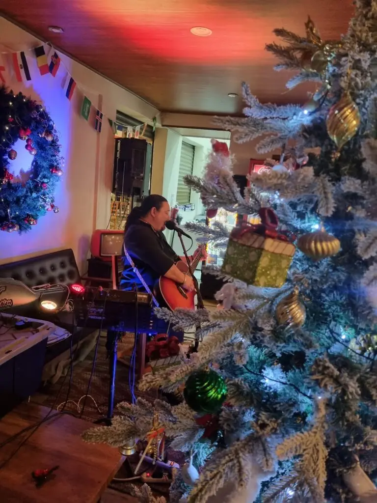 Musician playing an acoustic guitar and singing into a microphone beside a frosted Christmas tree and holiday decor.